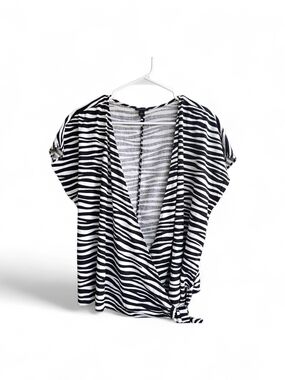 Ann Taylor Zebra Striped Faux Wrap Short Sleeve Top Linen/Rayon LG